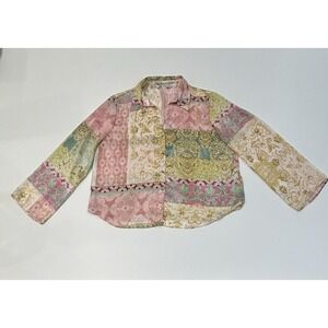 Zara Top Womens XXL Multicolor Patchwork Floral Satin Button Front Blouse Boho